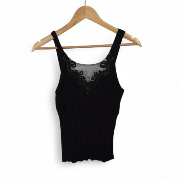 Cambridge Dry Goods Ribbed Lace Mesh Tank Top Black Stretch Y2K Small - Picture 1 of 4
